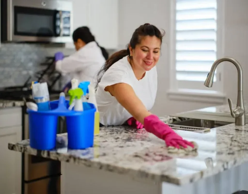 Professional cleaning supplies prepared for a recurring home cleaning visit in Apache Junction, AZ.